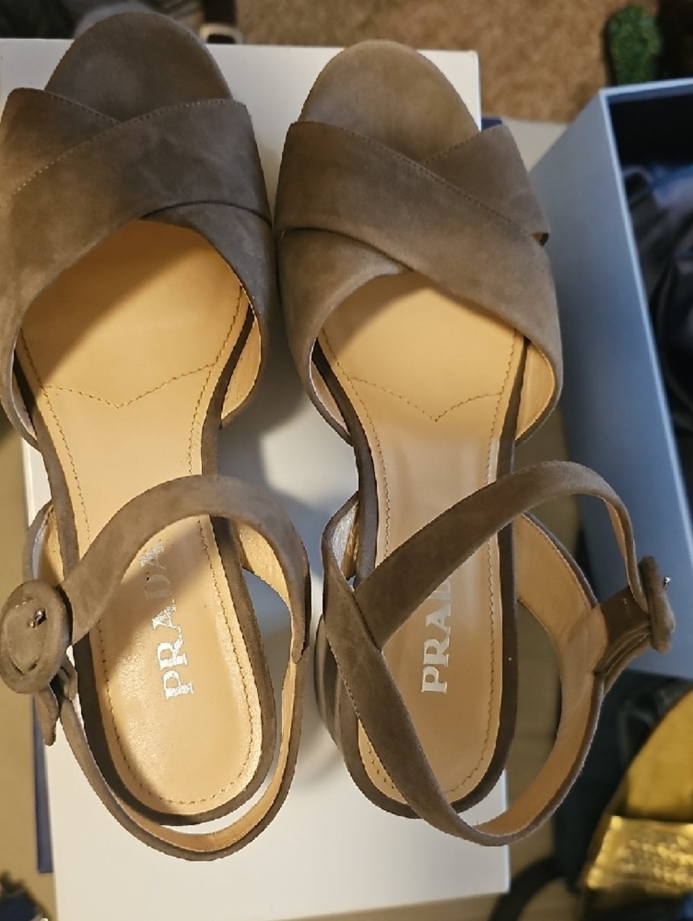 Prada Taupe Suede Crisscross Ankle-Strap Heels - Picture 4 of 7